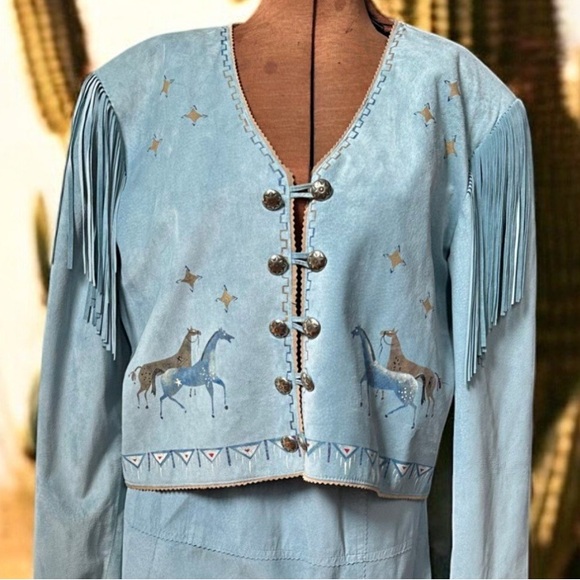 VPatricia Wolf Hand-Painted Suede Fringe Jacket & Skirt Set horses stars S/M EUC - Picture 4 of 13
